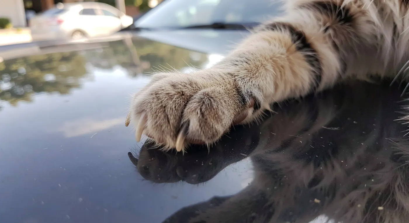 Gros plan sur une patte de chat aux griffes sorties, posée sur la peinture sombre brillante d&rsquo;un capot