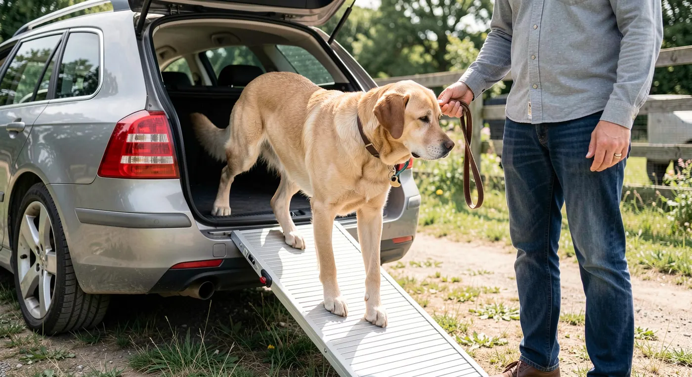 Un labrador âgé monte une rampe pliante pour entrer dans le coffre d’un break, tenu en laisse par son maître