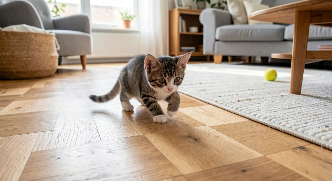 Un chaton tigré trotte sur un parquet clair à côté d&rsquo;un tapis lavable dans un salon lumineux